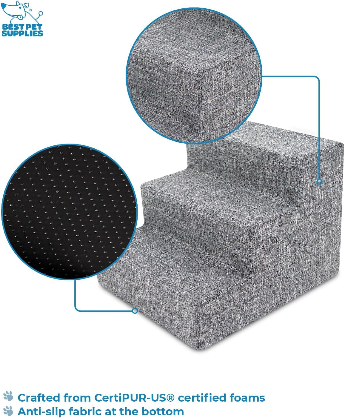 Dog Stairs & Steps - Foam Steps for Small Dogs & Cats, Non-Slip Indoor Balanced Pet Step Support, Dog Ramp, No Assembly, Ash Gray Linen, 3-Step (13.5-Inch Height)