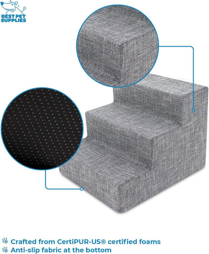 Dog Stairs & Steps - Foam Steps for Small Dogs & Cats, Non-Slip Indoor Balanced Pet Step Support, Dog Ramp, No Assembly, Ash Gray Linen, 3-Step (13.5-Inch Height)