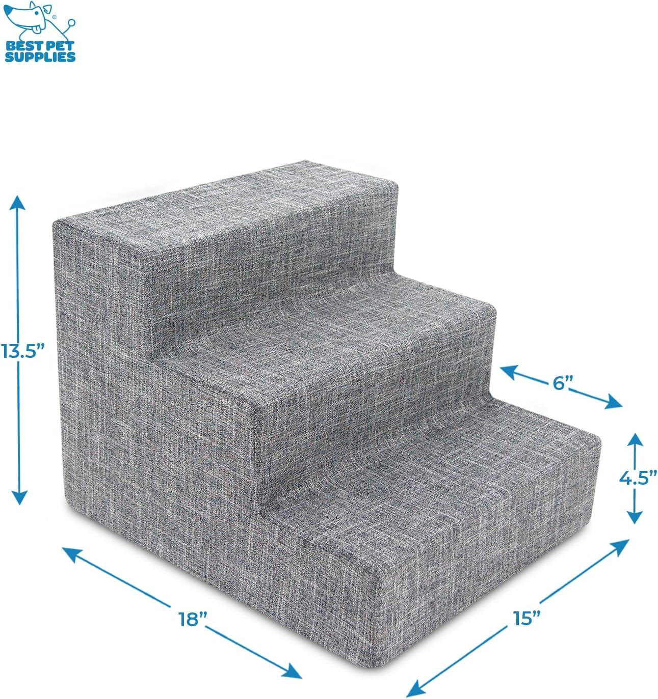 Dog Stairs & Steps - Foam Steps for Small Dogs & Cats, Non-Slip Indoor Balanced Pet Step Support, Dog Ramp, No Assembly, Ash Gray Linen, 3-Step (13.5-Inch Height)