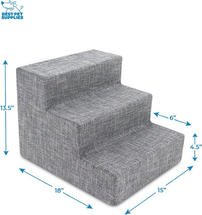 Dog Stairs & Steps - Foam Steps for Small Dogs & Cats, Non-Slip Indoor Balanced Pet Step Support, Dog Ramp, No Assembly, Ash Gray Linen, 3-Step (13.5-Inch Height)