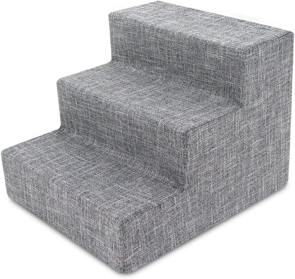 Dog Stairs & Steps - Foam Steps for Small Dogs & Cats, Non-Slip Indoor Balanced Pet Step Support, Dog Ramp, No Assembly, Ash Gray Linen, 3-Step (13.5-Inch Height)