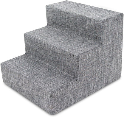 Dog Stairs & Steps - Foam Steps for Small Dogs & Cats, Non-Slip Indoor Balanced Pet Step Support, Dog Ramp, No Assembly, Ash Gray Linen, 3-Step (13.5-Inch Height)