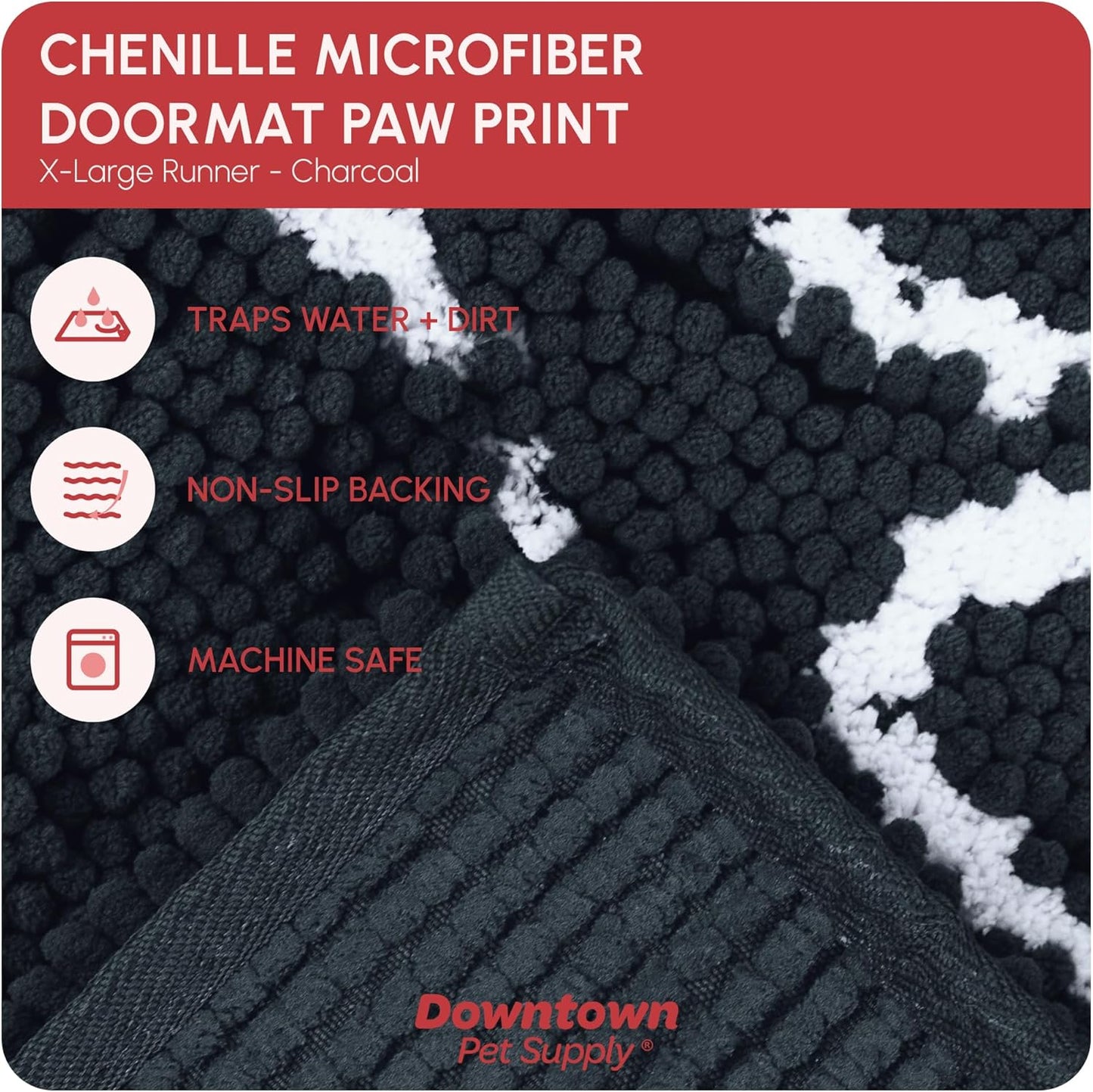 Microfiber Dog Mat for Muddy Paws, 60" X 36" Charcoal with Paw Print - Non-Slip, Absorbent and Quick-Drying Dog Paw Cleaning Mat, Washer and Dryer Safe - X-Large/Runner