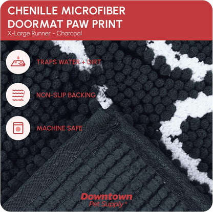 Microfiber Dog Mat for Muddy Paws, 60" X 36" Charcoal with Paw Print - Non-Slip, Absorbent and Quick-Drying Dog Paw Cleaning Mat, Washer and Dryer Safe - X-Large/Runner