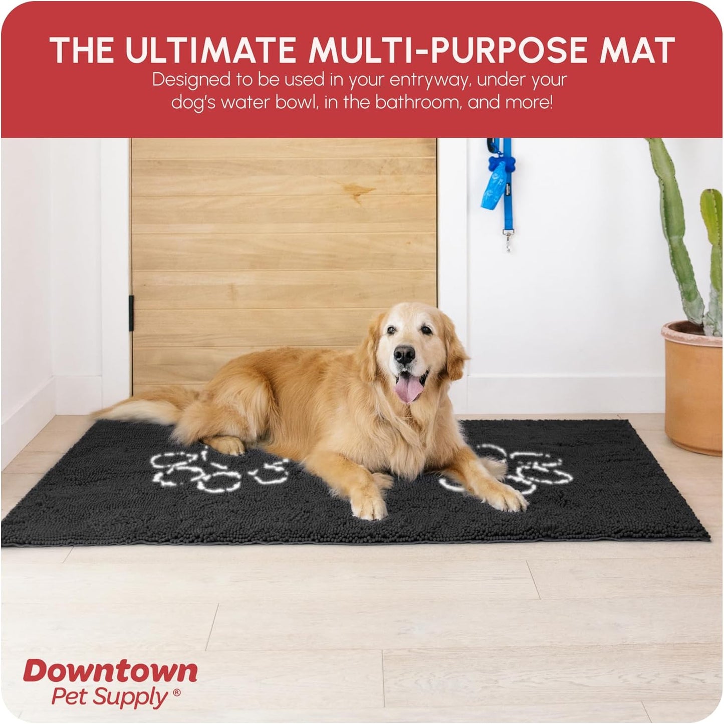 Microfiber Dog Mat for Muddy Paws, 60" X 36" Charcoal with Paw Print - Non-Slip, Absorbent and Quick-Drying Dog Paw Cleaning Mat, Washer and Dryer Safe - X-Large/Runner