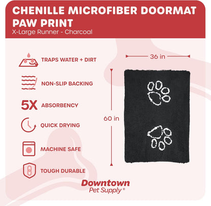 Microfiber Dog Mat for Muddy Paws, 60" X 36" Charcoal with Paw Print - Non-Slip, Absorbent and Quick-Drying Dog Paw Cleaning Mat, Washer and Dryer Safe - X-Large/Runner